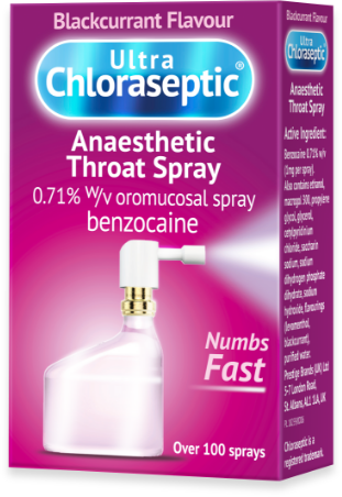 Purple packaging box for the Ultra Chloraseptic Blackcurrant Flavoured Anaesthetic Throat Spray