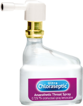 Ultra Chloraseptic Blackcurrant Flavoured Throat Spray applicator bottle against a white background