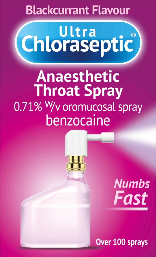 Purple packaging of Ultra Chloraseptic's Anaesthetic Throat Spray Blackcurrant Flavour against a white background