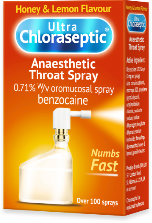 Orange packaging box for the Ultra Chloraseptic Honey & Lemon Flavoured Anaesthetic Throat Spray