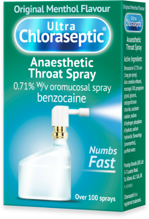 Green and blue packaging box for the Ultra Chloraseptic Menthol Flavoured Anaesthetic Throat Spray