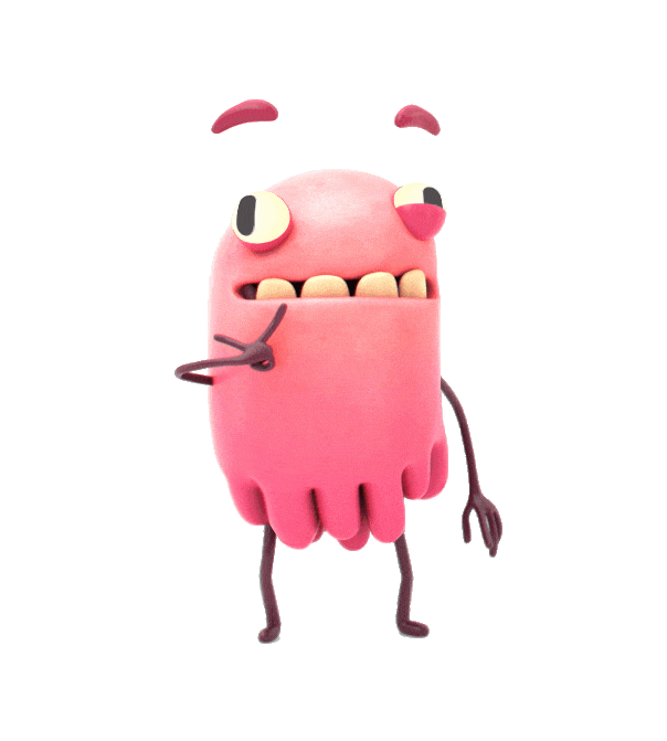 Gif of a light pink Ultra Chloraseptic monster with its bottom teeth sticking out and thin arms and legs standing in a thoughtful position, with its hand raised to its chin
