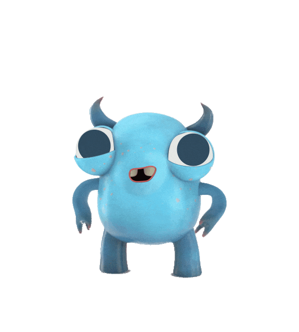 Gif of small blue Ultra Chloraseptic cartoon monster with two horns waving at the screen in a friendly way