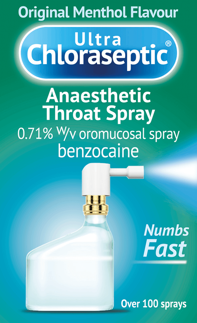 Ultra Chloraseptic Anaesthetic Throat Spray Menthol Flavour packaging label which reads 