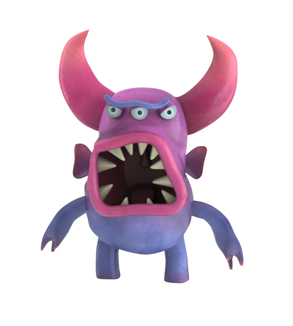 Purple Ultra Chloraseptic cartoon monster with long horns, three eyes and pointed teeth looking angrily at the screen