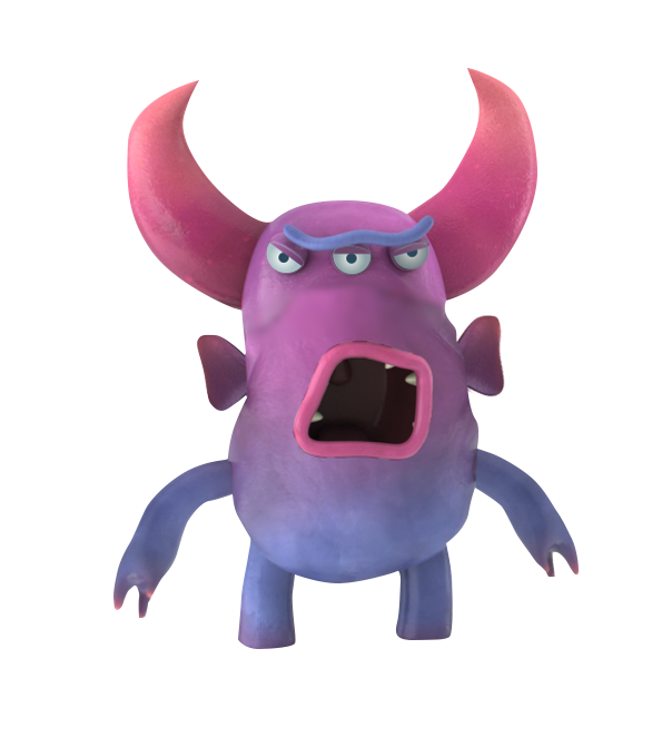 Purple Ultra Chloraseptic cartoon monster with long horns, three eyes and pointed teeth standing with its mouth closed