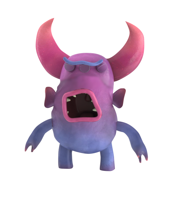 Purple Ultra Chloraseptic cartoon monster with long horns, three eyes and pointed teeth standing with its eyes closed and mouth open