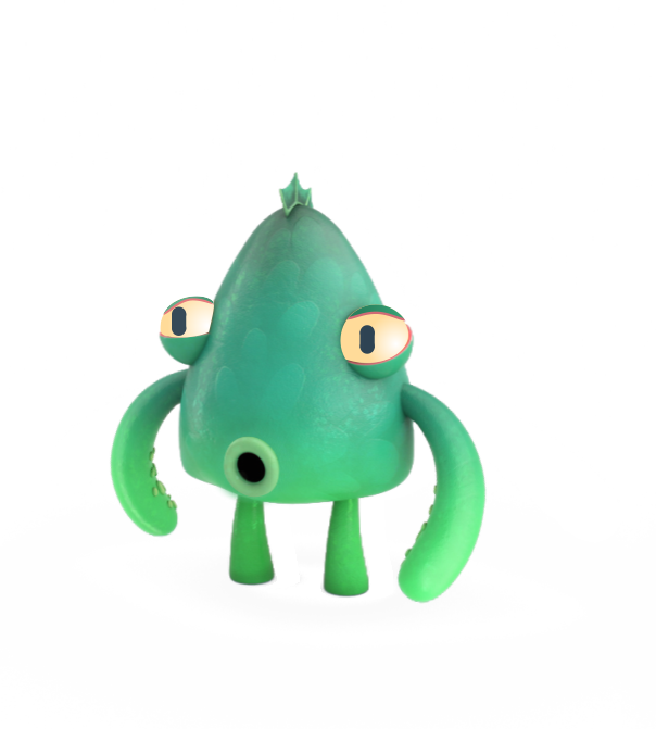 Green Ultra Chloraseptic cartoon monster with a small head fin standing with his mouth open