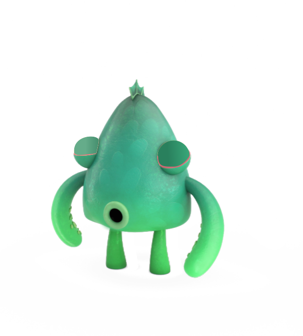 Green Ultra Chloraseptic cartoon monster with a small head fin standing with its eyes closed and mouth open