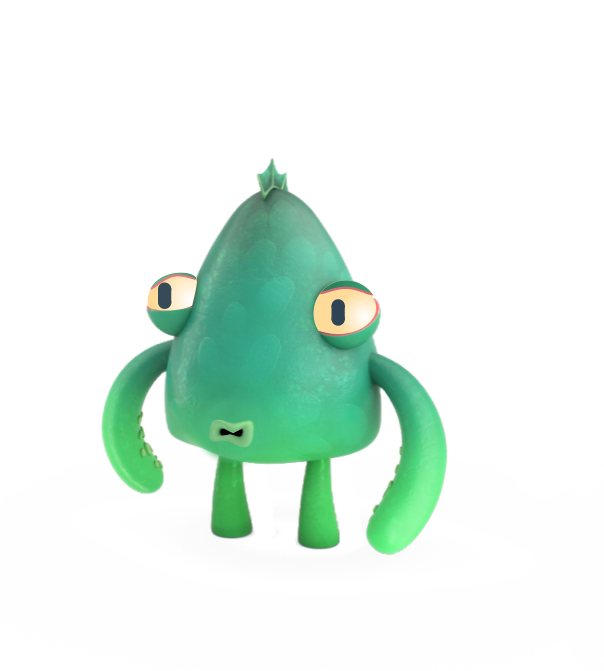 Green Ultra Chloraseptic cartoon monster with a small head fin standing with his mouth closed