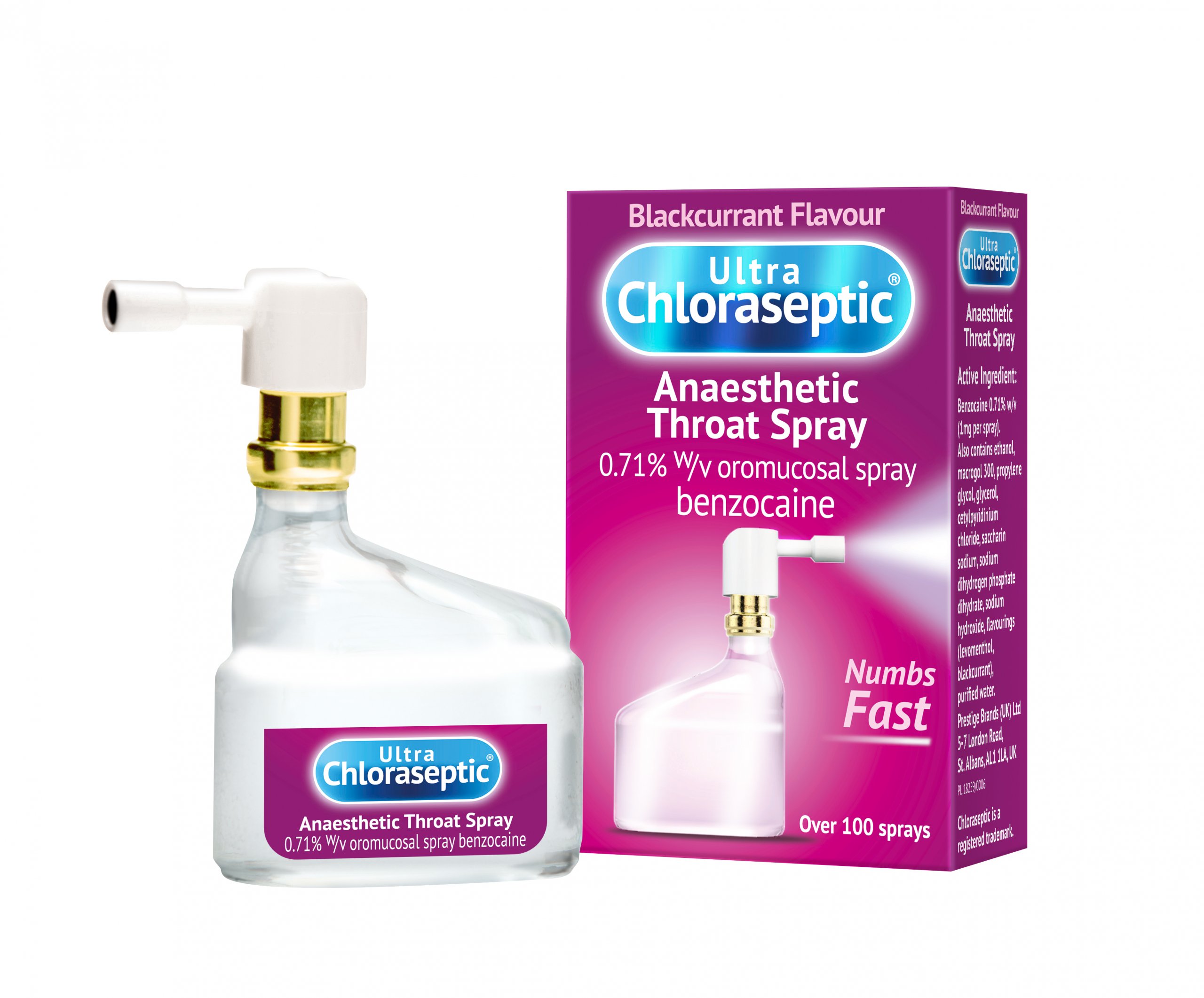 Ultra Chloraseptic blackcurrant flavoured Anaesthetic Sore Throat Spray with its purple box packaging in the background